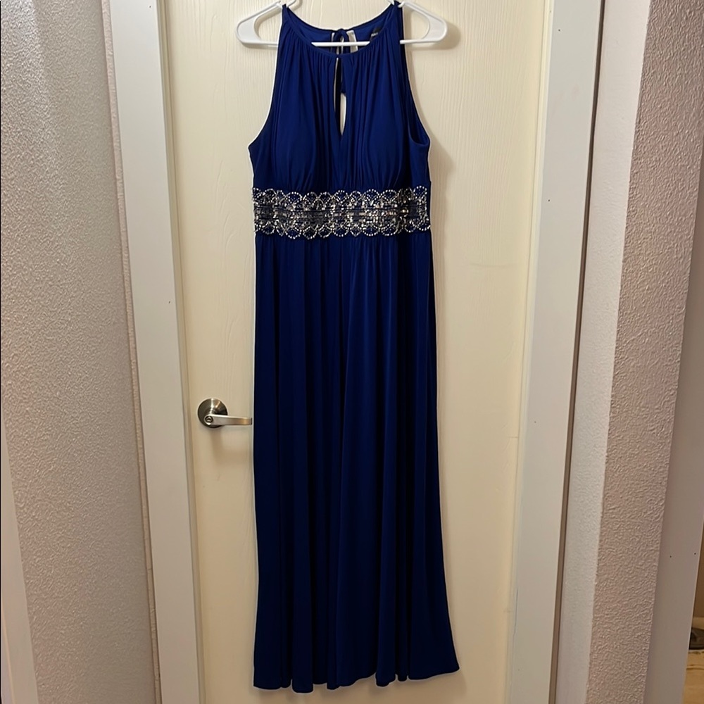 R & M Richards Blue Halter Maxi Gown with Silver Embellishments